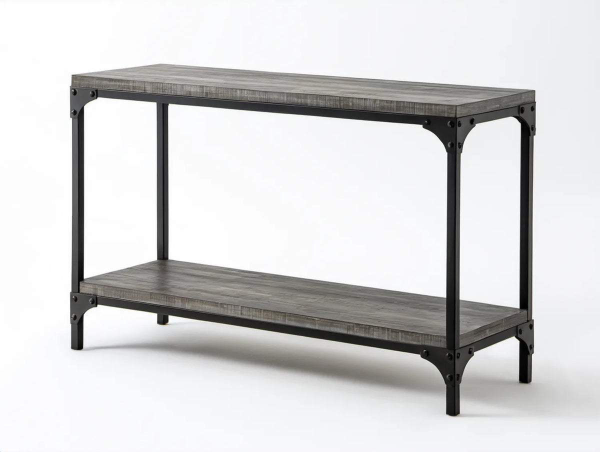 Szary stół konsolowy z czarną stalową ramą i dolną półką, 120 x 40 x 80 cm