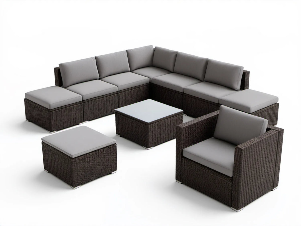 Ogrodowy zestaw z technorattanu PE z sofą narożną 300 x 230 cm, fotelem, stolikiem i pufą, ciemnobrązowy/szary