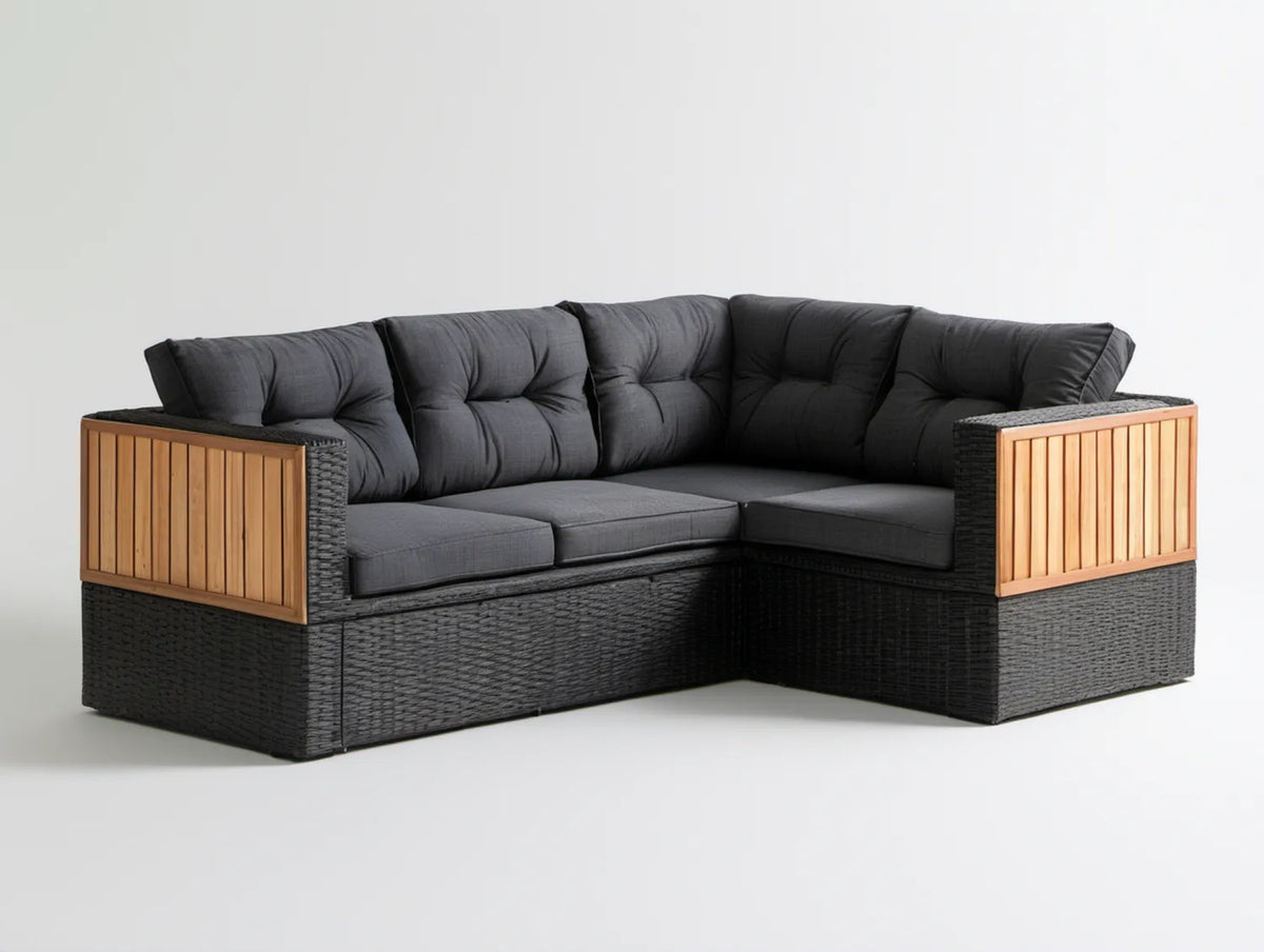 Narożna sofa ogrodowa w kształcie L, czarna, z poduszkami antracytowymi i panelami z drewna akacjowego 230 x 170 x 75 cm