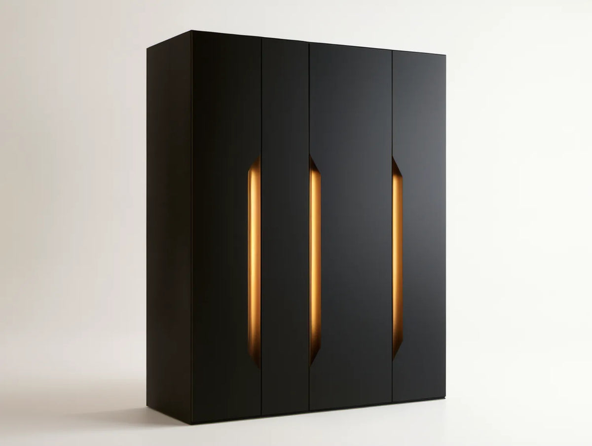 Czarna czterodrzwiowa szafa MDF z oświetleniem LED i złotymi uchwytami, 200 x 60 x 220 cm