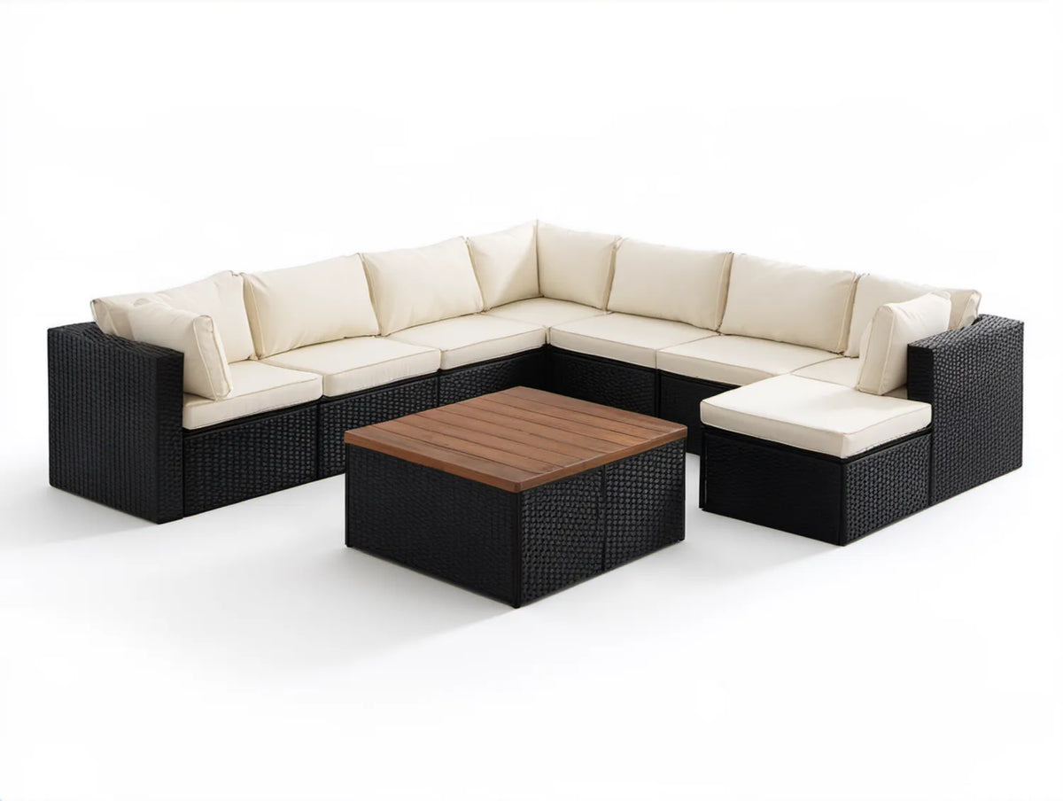 Modułowy narożnik ogrodowy z polirattanu Czarny/Kremowy/Brązowy 250 × 210 × 63 cm ze stolikiem 70 × 70 × 30 cm