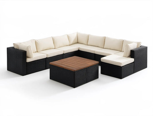 Modułowy narożnik ogrodowy z polirattanu Czarny/Kremowy/Brązowy 250 × 210 × 63 cm ze stolikiem 70 × 70 × 30 cm