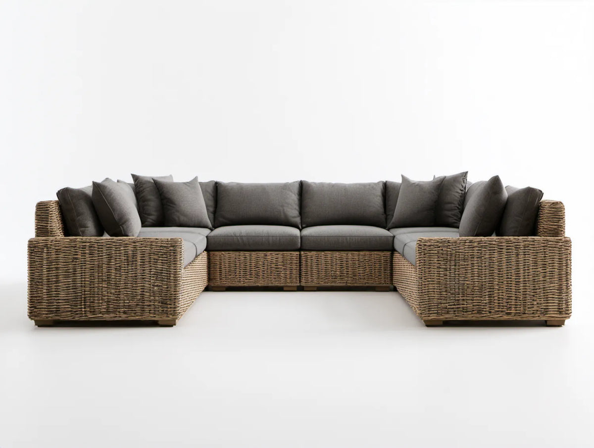 Modułowy zestaw wypoczynkowy w kształcie U z technorattanu, brązowo-ciemnoszary, 360 × 220 × 85 cm