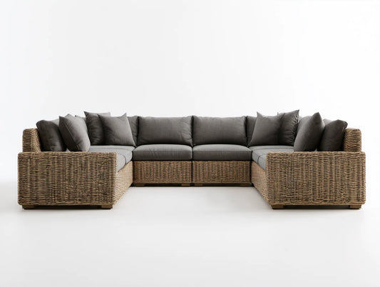 Modułowy zestaw wypoczynkowy w kształcie U z technorattanu, brązowo-ciemnoszary, 360 × 220 × 85 cm