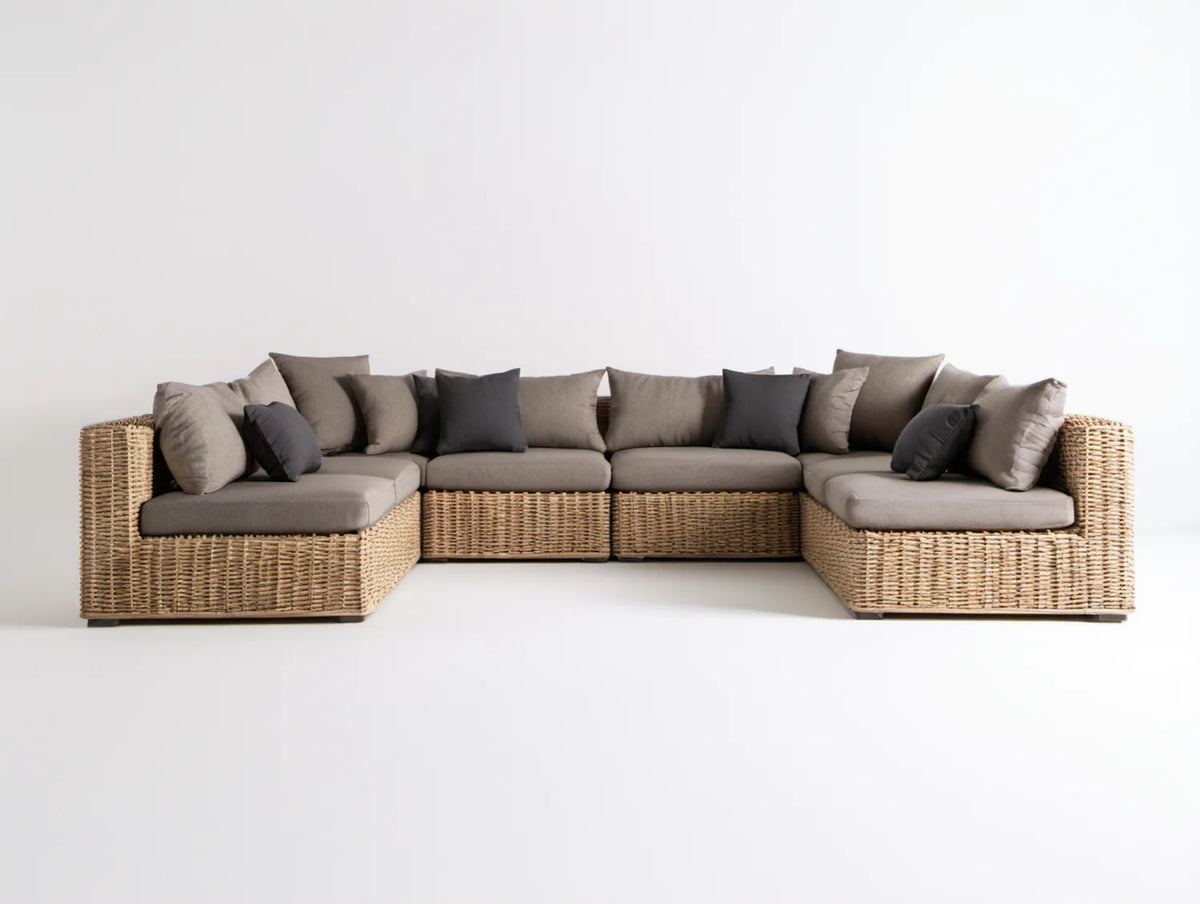 Modułowy zestaw wypoczynkowy w kształcie U z technorattanu, naturalny/beżowy/taupe/antracytowy, 390 x 205 x 78 cm