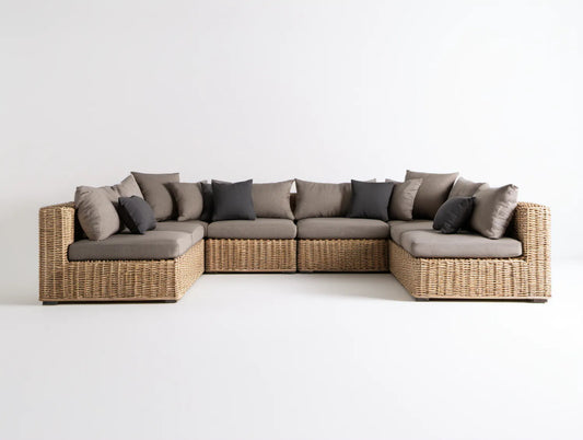 Modułowy zestaw wypoczynkowy w kształcie U z technorattanu, naturalny/beżowy/taupe/antracytowy, 390 x 205 x 78 cm