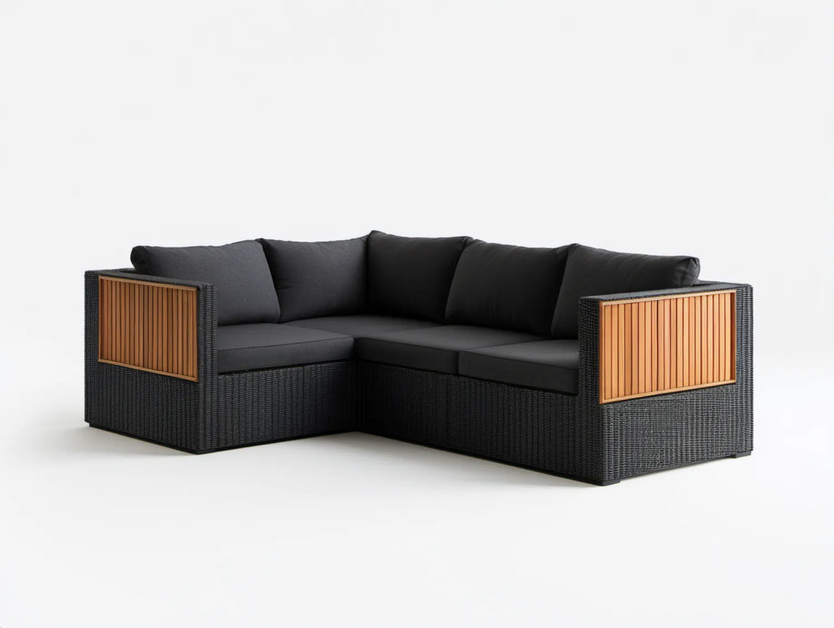 4-osobowy narożnik ogrodowy w kształcie L z technorattanu PE i aluminium, czarny/brązowy, 210 x 210 x 80 cm
