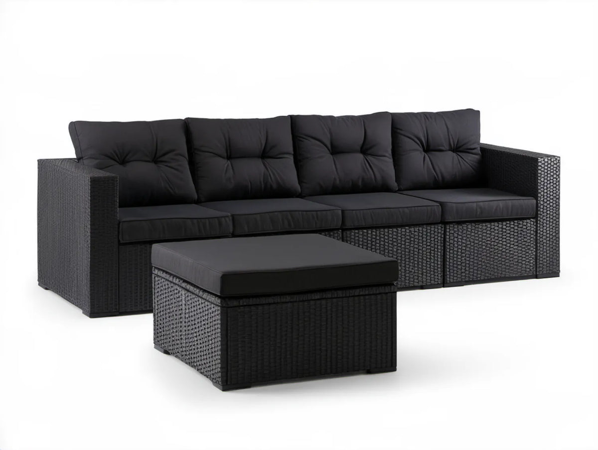 Czarna sofa ogrodowa 3-osobowa z podnóżkiem, technorattan PE i stal, 200 x 70 x 63 cm