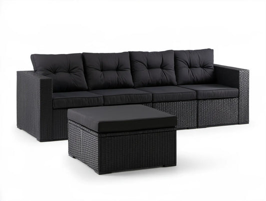 Czarna sofa ogrodowa 3-osobowa z podnóżkiem, technorattan PE i stal, 200 x 70 x 63 cm