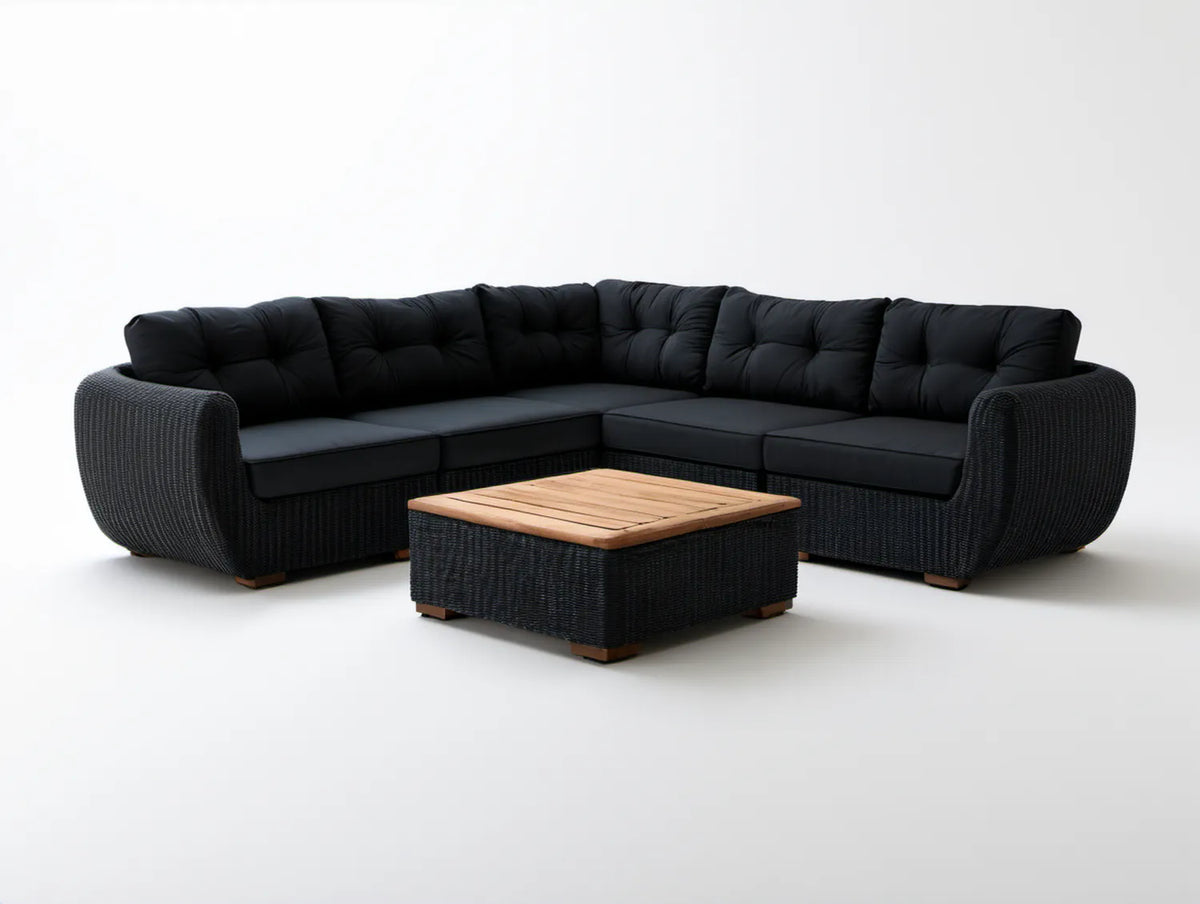 Czarny narożny zestaw ogrodowy z technorattanu PE ze stolikiem akacjowym 250 x 250 x 85 cm