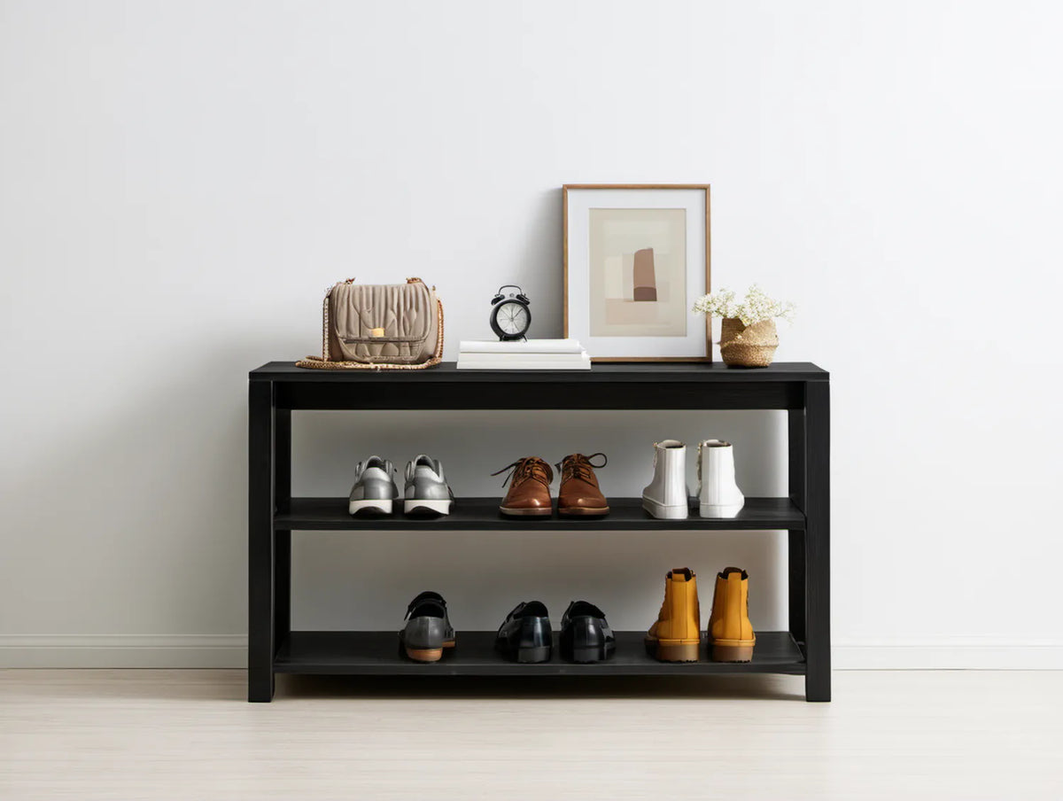 Czarna otwarta szafka na buty z lakierowanej płyty MDF 120 x 35 x 85 cm