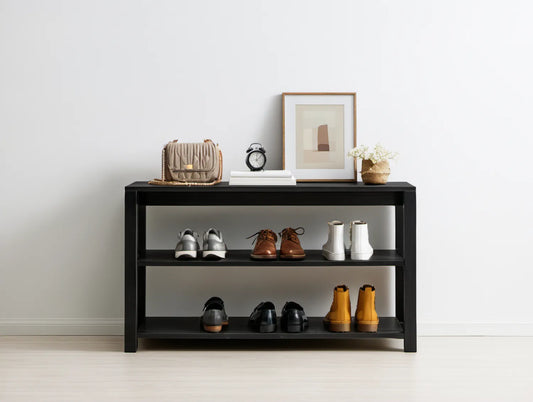 Czarna otwarta szafka na buty z lakierowanej płyty MDF 120 x 35 x 85 cm