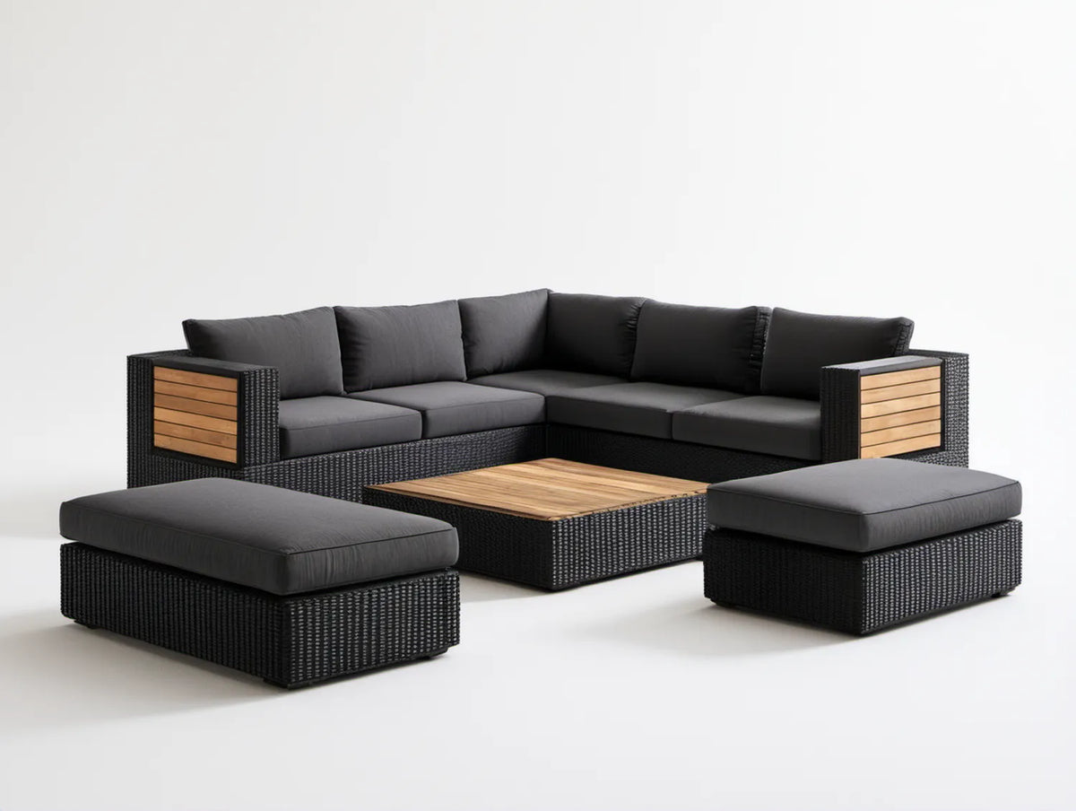 Narożny zestaw z technorattanu w kształcie L, czarny/naturalny brąz, 250 x 250 cm, z 2 pufami i stolikiem