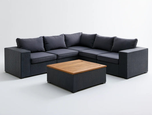 Narożny zestaw wypoczynkowy do ogrodu z technorattanu PE, czarno-grafitowy z brązowym blatem, 250 × 250 cm