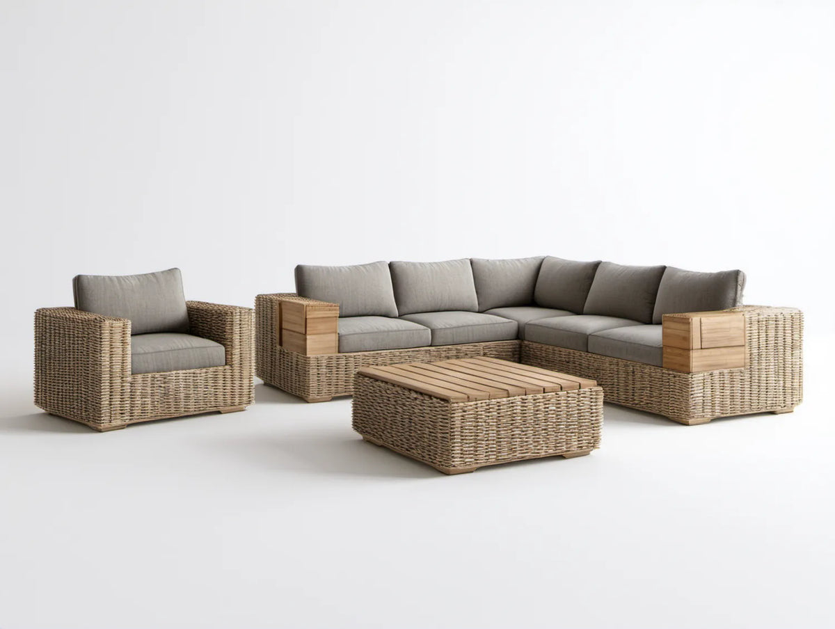 Beżowy zestaw wypoczynkowy z narożnikiem L, fotelem i stolikiem, rattan PE i drewno akacjowe, 280 x 220 x 75 cm
