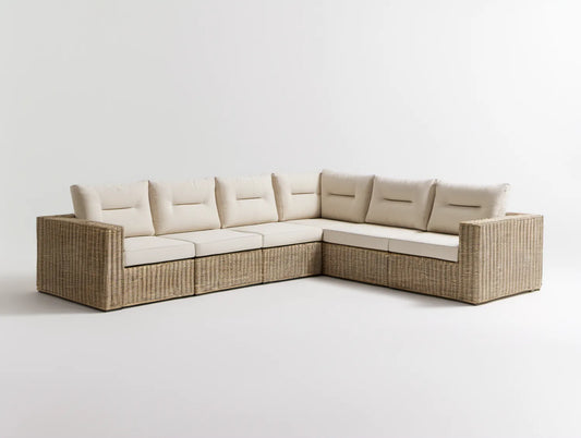Beżowo-kremowy modułowy narożnik ogrodowy z technorattanu PE, 300 × 230 × 65 cm, układ L