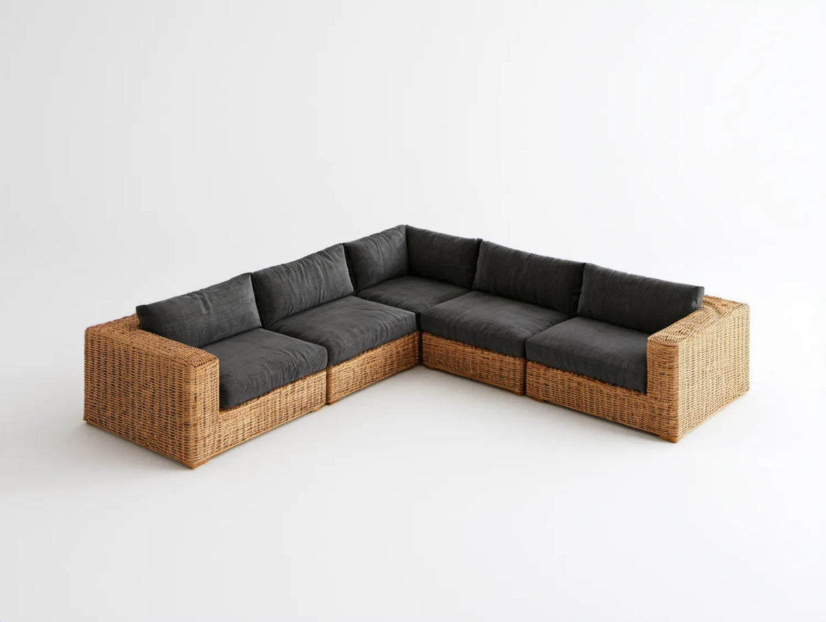 5-osobowa narożna sofa z naturalnego rattanu w kształcie L, brązowa z grafitowymi poduszkami, 300 x 220 x 75 cm