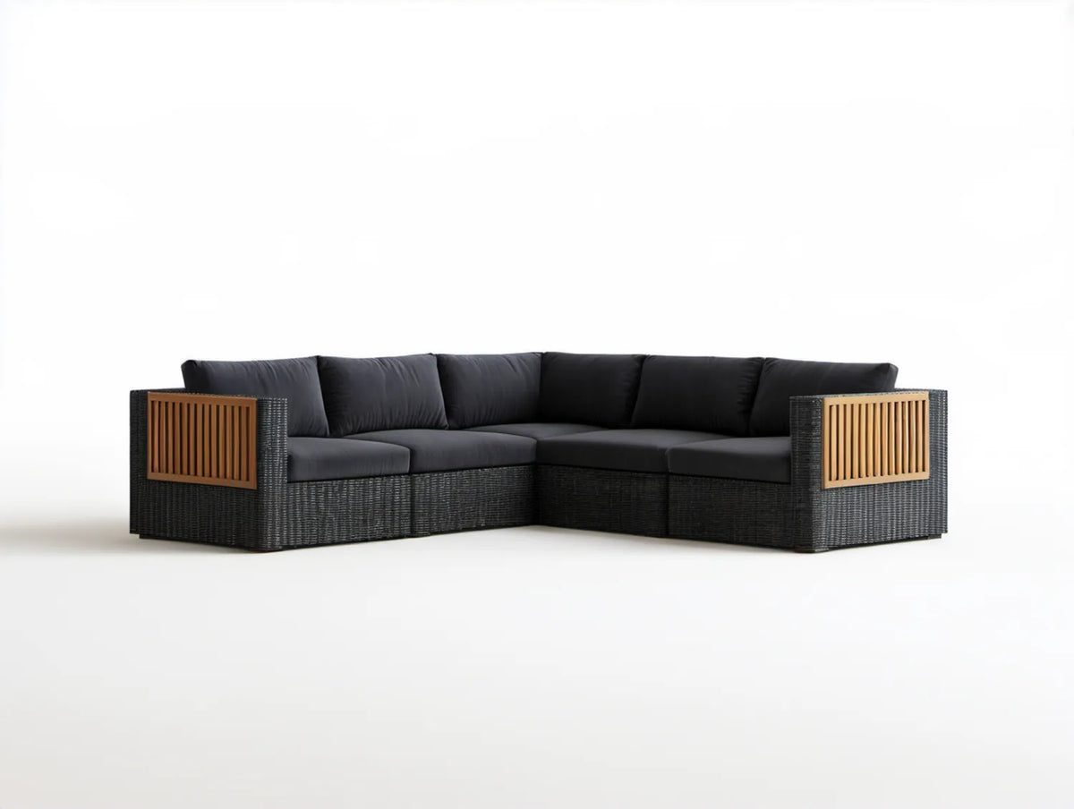 Modułowa narożna sofa ogrodowa 5-osobowa z technorattanu PE i drewna akacjowego, czarno-brązowa, 300 × 220 × 70 cm