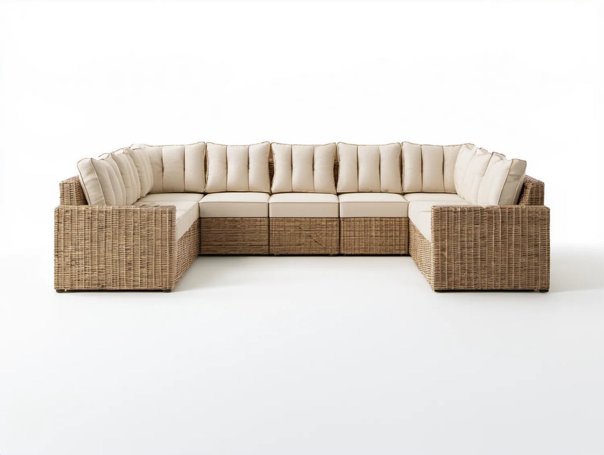 Modułowy narożnik ogrodowy w kształcie U z technorattanu PE, beżowo-piaskowy, 320 × 210 × 85 cm