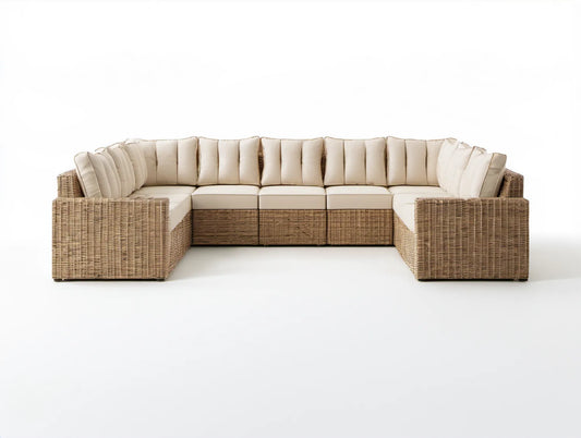 Modułowy narożnik ogrodowy w kształcie U z technorattanu PE, beżowo-piaskowy, 320 × 210 × 85 cm