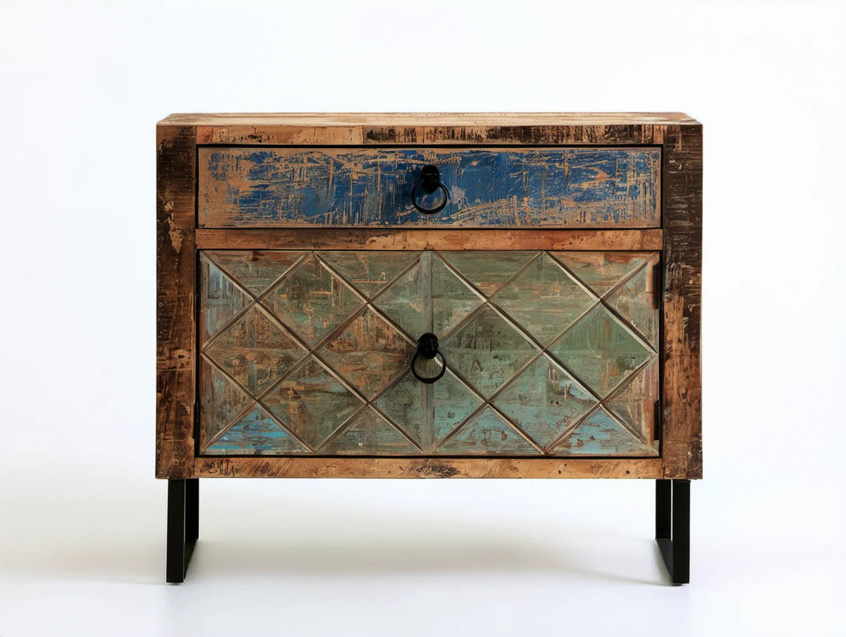 Rustykalna szafka nocna z litego drewna 80 x 40 x 75 cm brązowa/niebieska/zielona/czarna z szufladą i drzwiczkami