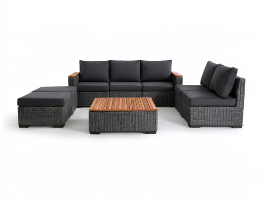 Modułowy zestaw wypoczynkowy w kształcie U z technorattanu PE, grafitowy/czarny/brązowy, 350 x 210 x 63 cm